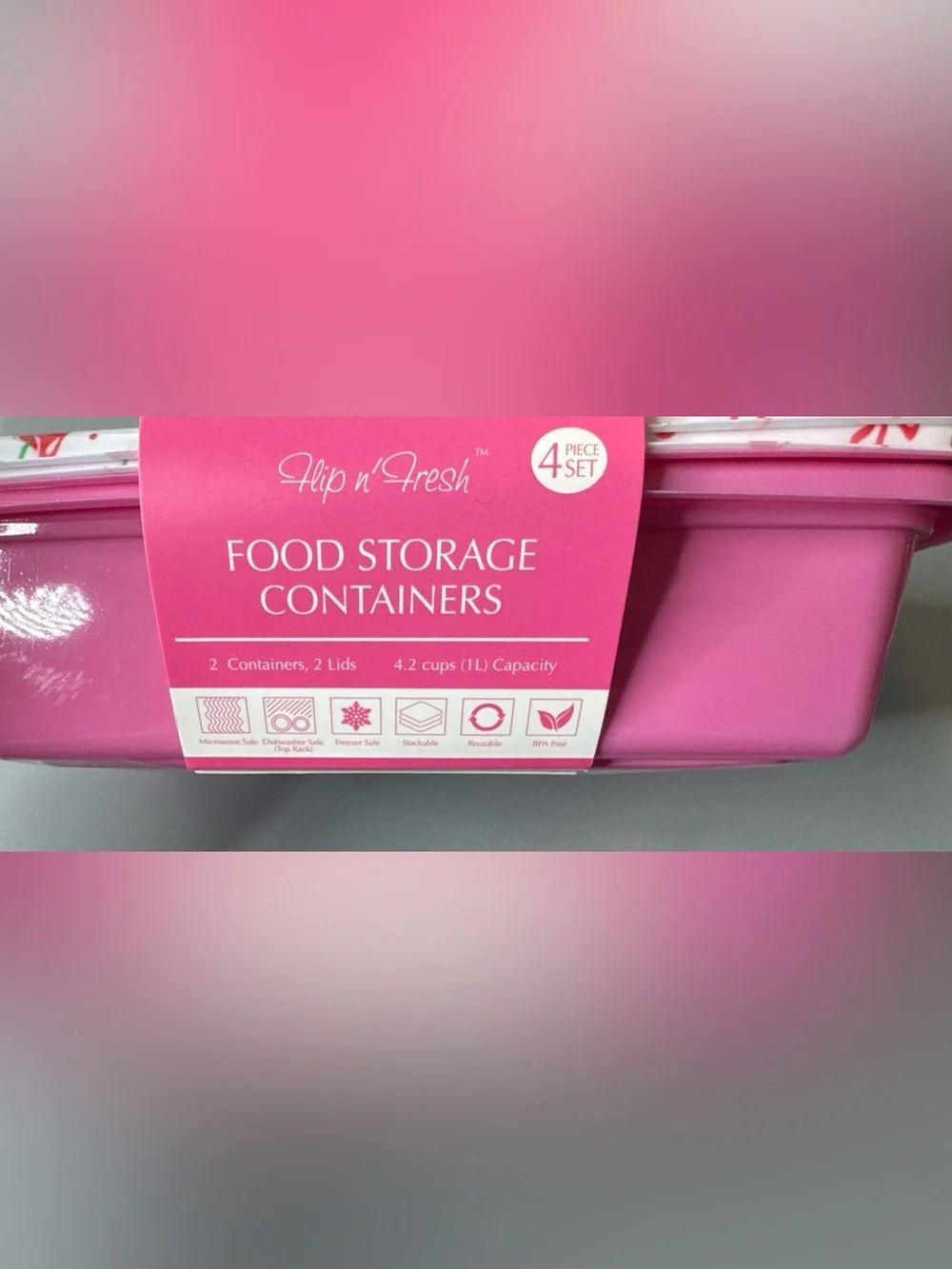 Flip n’ save Cherry Print Food Storage Containers pink & red 4pcs